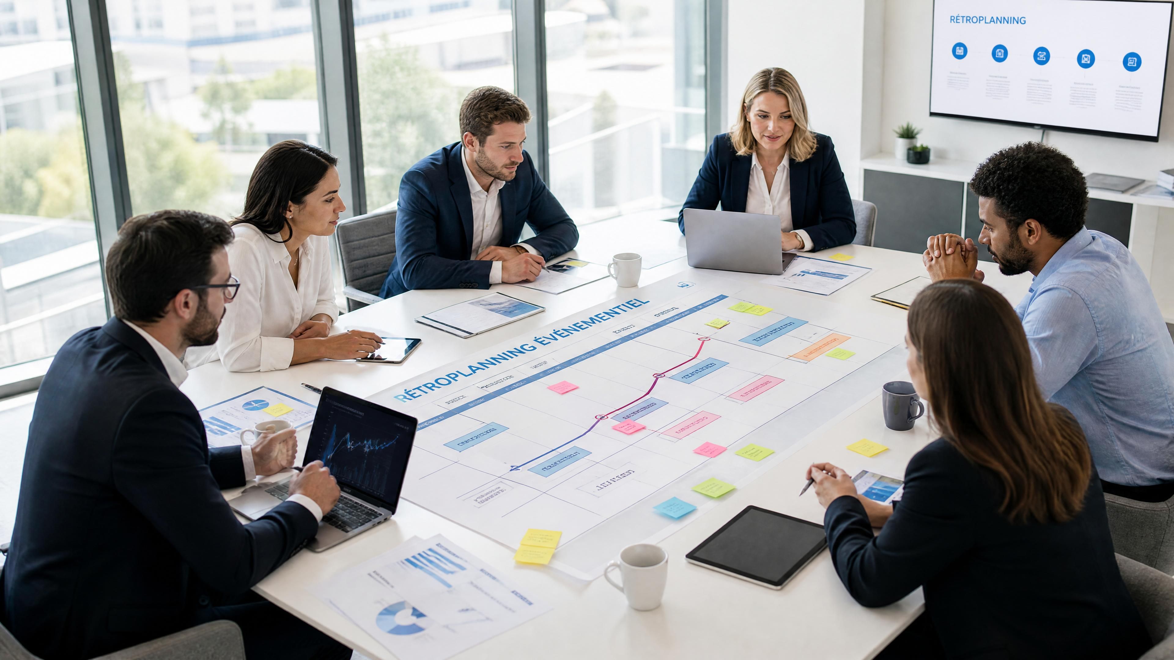 Équipe professionnelle organisant un rétroplanning événementiel