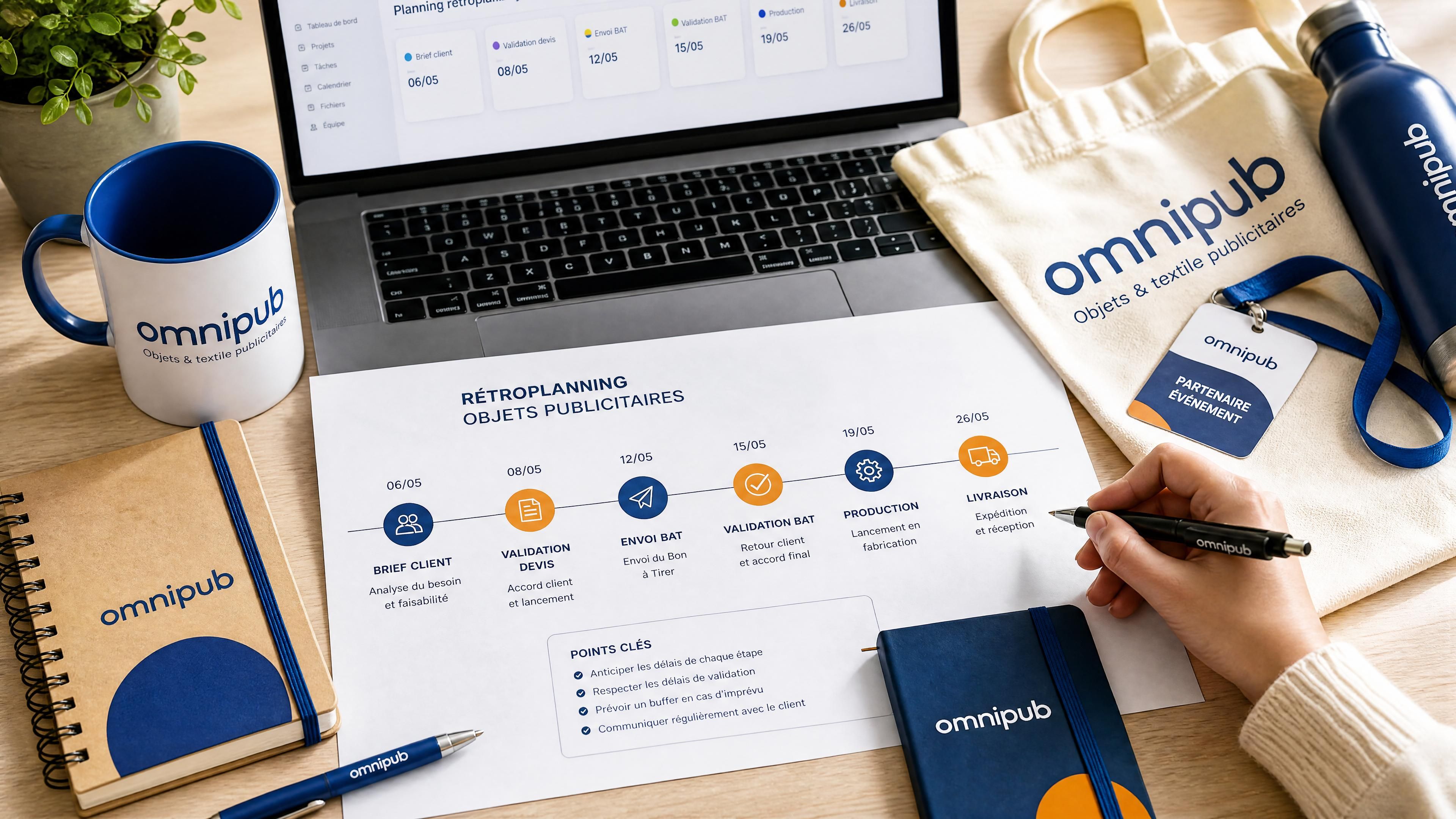 Objets publicitaires personnalisés disposés sur un bureau avec un planning de production